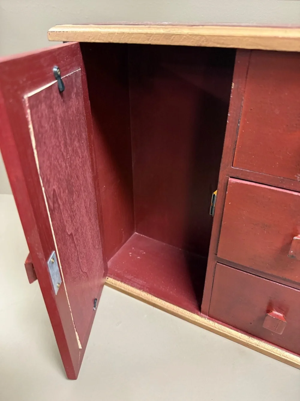 Reddish & Gold Wooden Jewelry Cabinet with Mirror & 3 Drawers. 12” x 13” x 5”
